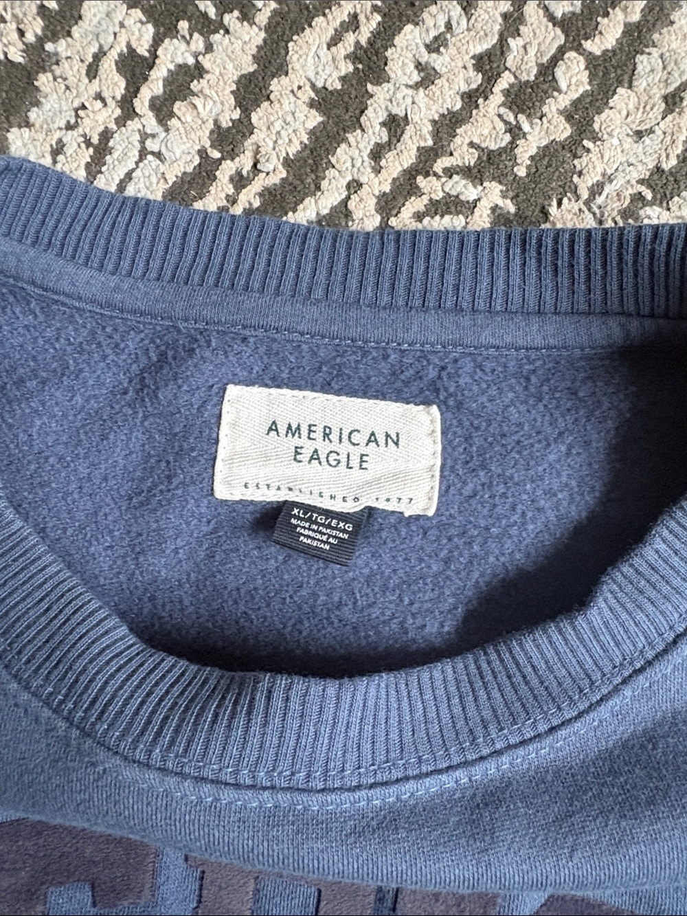 American Eagle Outfitters Crewneck Sweatshirt in Dusty Blue with Navy Lettering - Picture 3 of 3